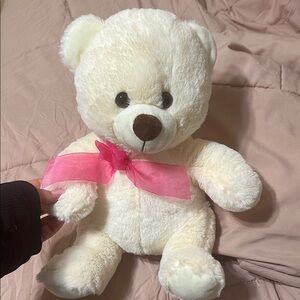 Cream Teddy Bear with Pink Bow